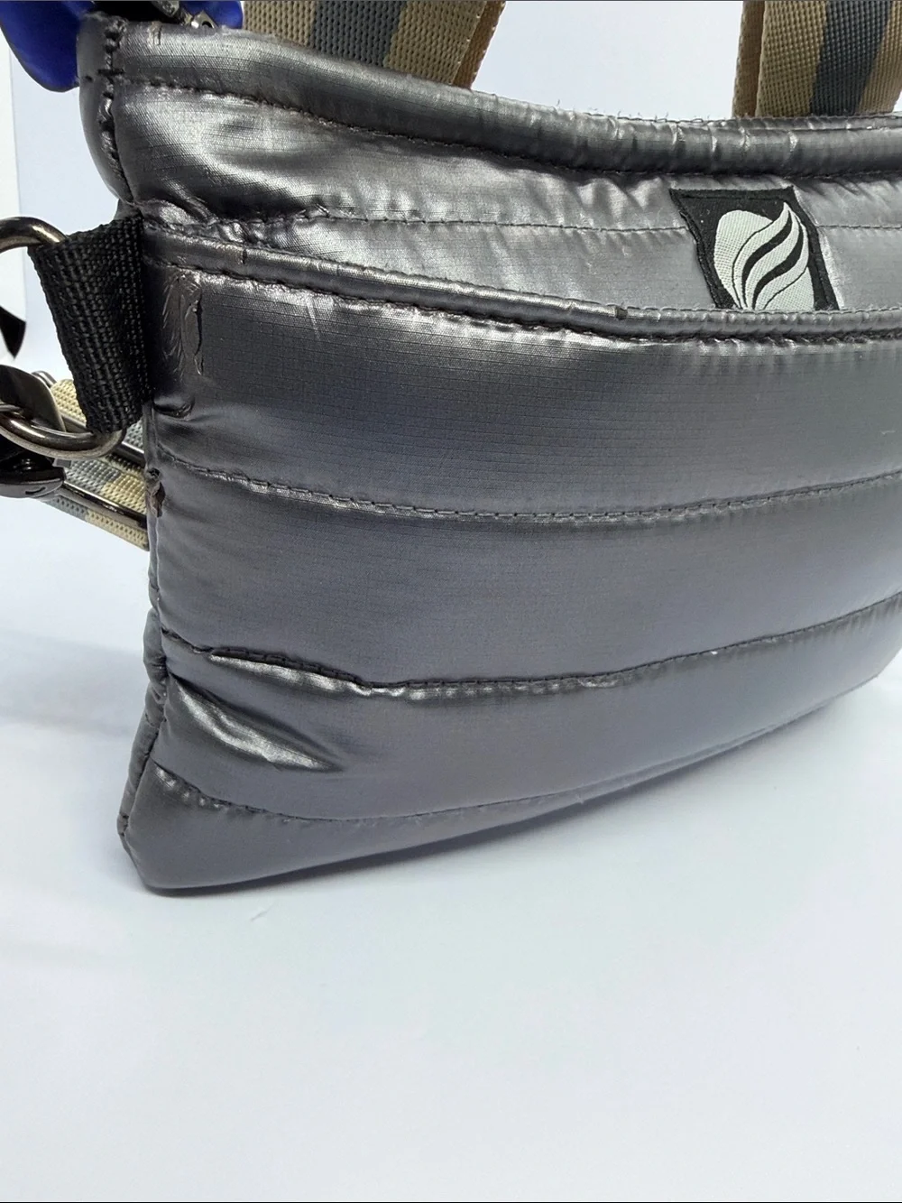 THINK ROYLN Gray Quilted Messenger Bag with Striped Tan Strap